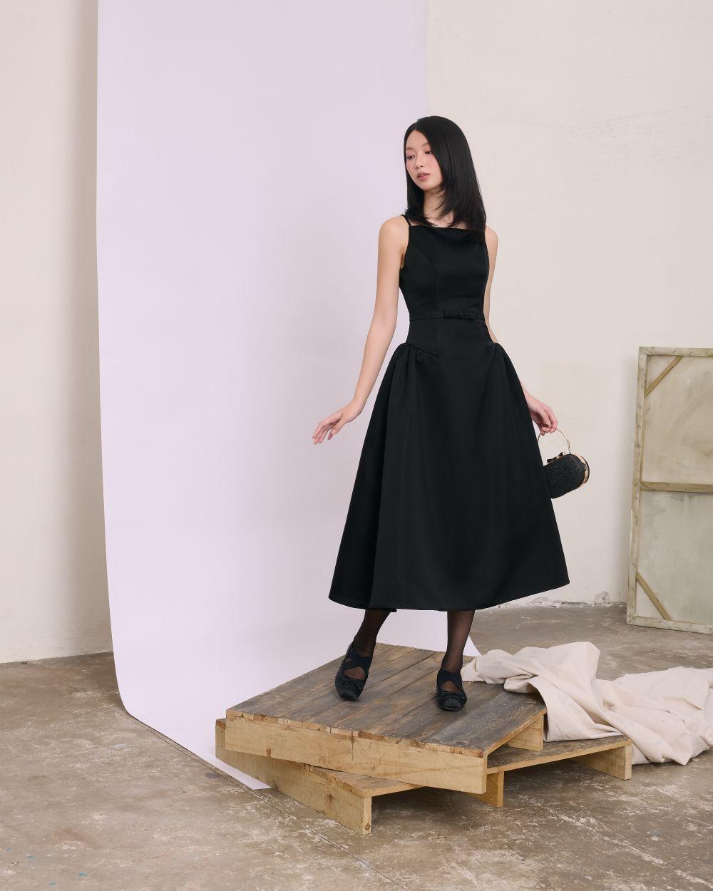 Đầm xòe hai dây Kayla Dress - C18 đầm tafta dáng dài phối nơ đi tiệc