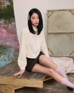 Áo sơ mi linen Minzy Top - C18 áo kiểu tay dài cổ cao viền bèo