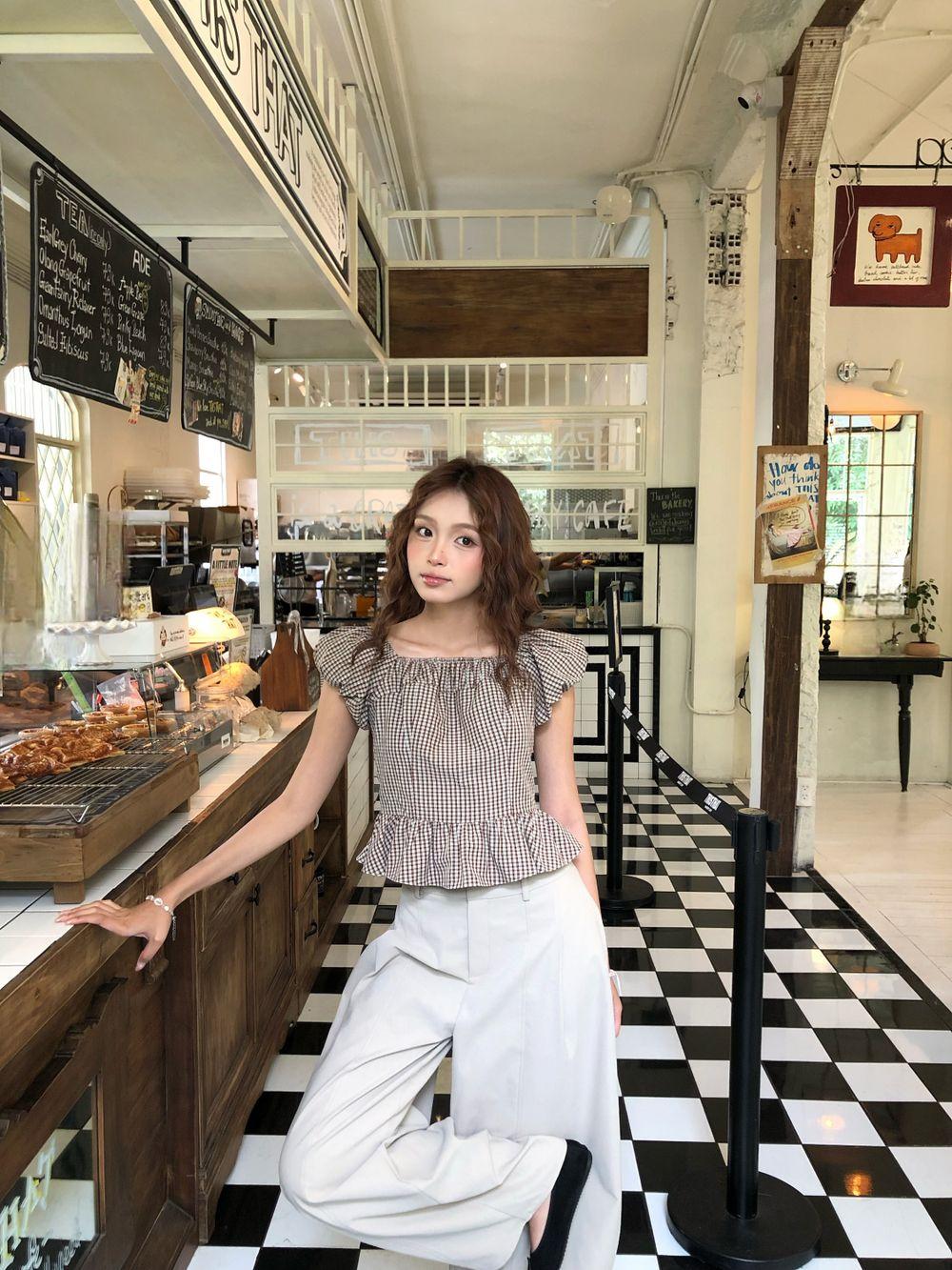 Áo trễ vai caro  Fiona Top dáng peplum chiết eo