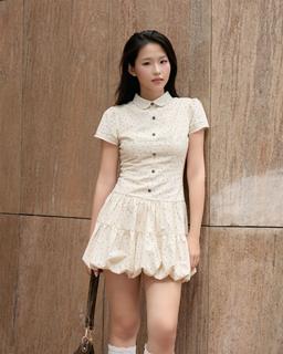 Đầm xòe chấm bi nhí Kima Dress tay phồng cổ sen xếp tầng