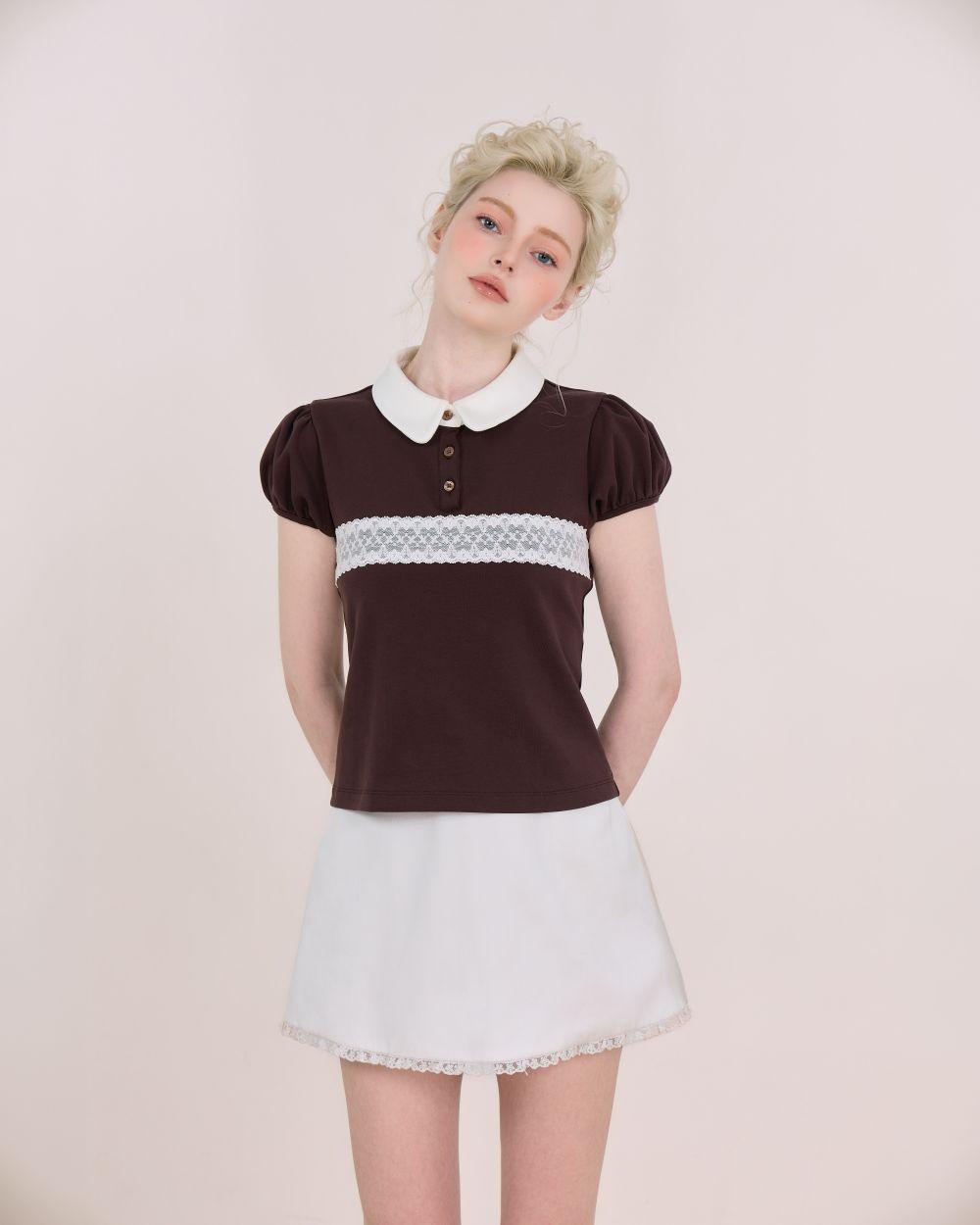Áo thun polo nữ Stacy Polo Tee - C18 áo polo tay ngắn nhún phồng phối ren vintage