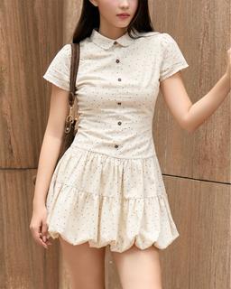Đầm xòe chấm bi nhí Kima Dress tay phồng cổ sen xếp tầng