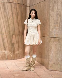 Đầm xòe chấm bi nhí Kima Dress tay phồng cổ sen xếp tầng