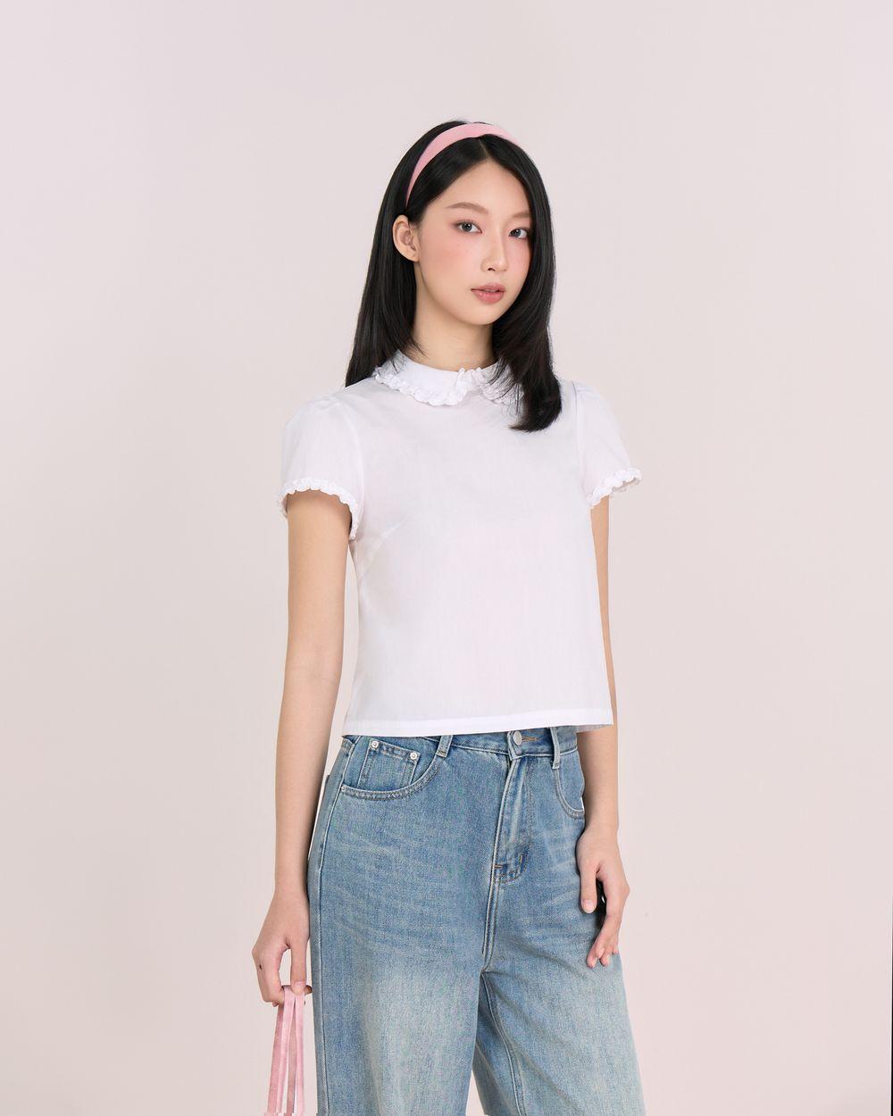 Áo sơ mi cổ sen THE C.I.U, áo kiểu tay ngắn phối ren - Suna Top - C18