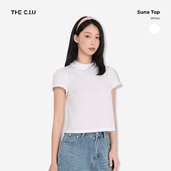 Áo sơ mi cổ sen THE C.I.U, áo kiểu tay ngắn phối ren - Suna Top - C18