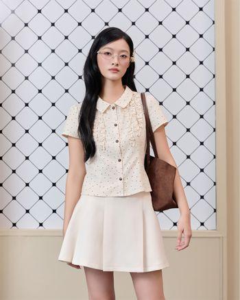 Áo kiểu chấm bi Laura Top tay ngắn phối bèo