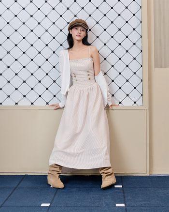 Đầm hai dây sọc caro Mavis Dress dáng dài chiết eo đính cúc