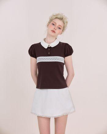 Áo thun polo nữ Stacy Polo Tee - C18 áo polo tay ngắn nhún phồng phối ren vintage