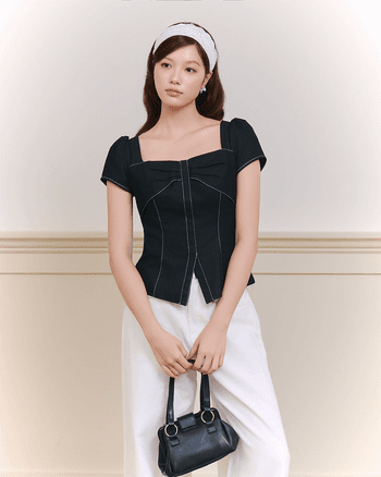 Áo kiểu jean cổ vuông Jia Top - C17 chiết eo xẻ vạt