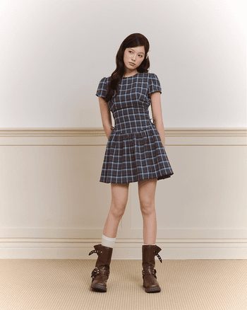 Đầm caro xòe tay ngắn xếp ly Amora Dress - C17