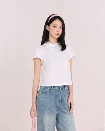 Áo sơ mi cổ sen THE C.I.U, áo kiểu tay ngắn phối ren - Suna Top - C18