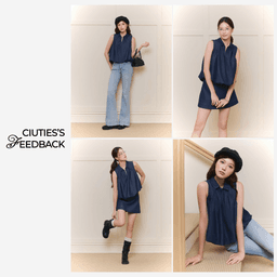 Áo kiểu denim lụa cổ V xếp ly Sophia Top - C17