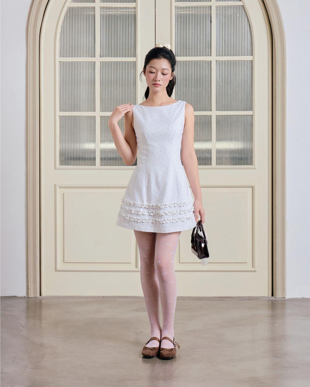 Đầm chữ A sát nách Barbie Dress cổ thuyền xếp tầng bèo