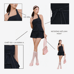 Áo cổ yếm denim dáng peplum Caroline Top - C17