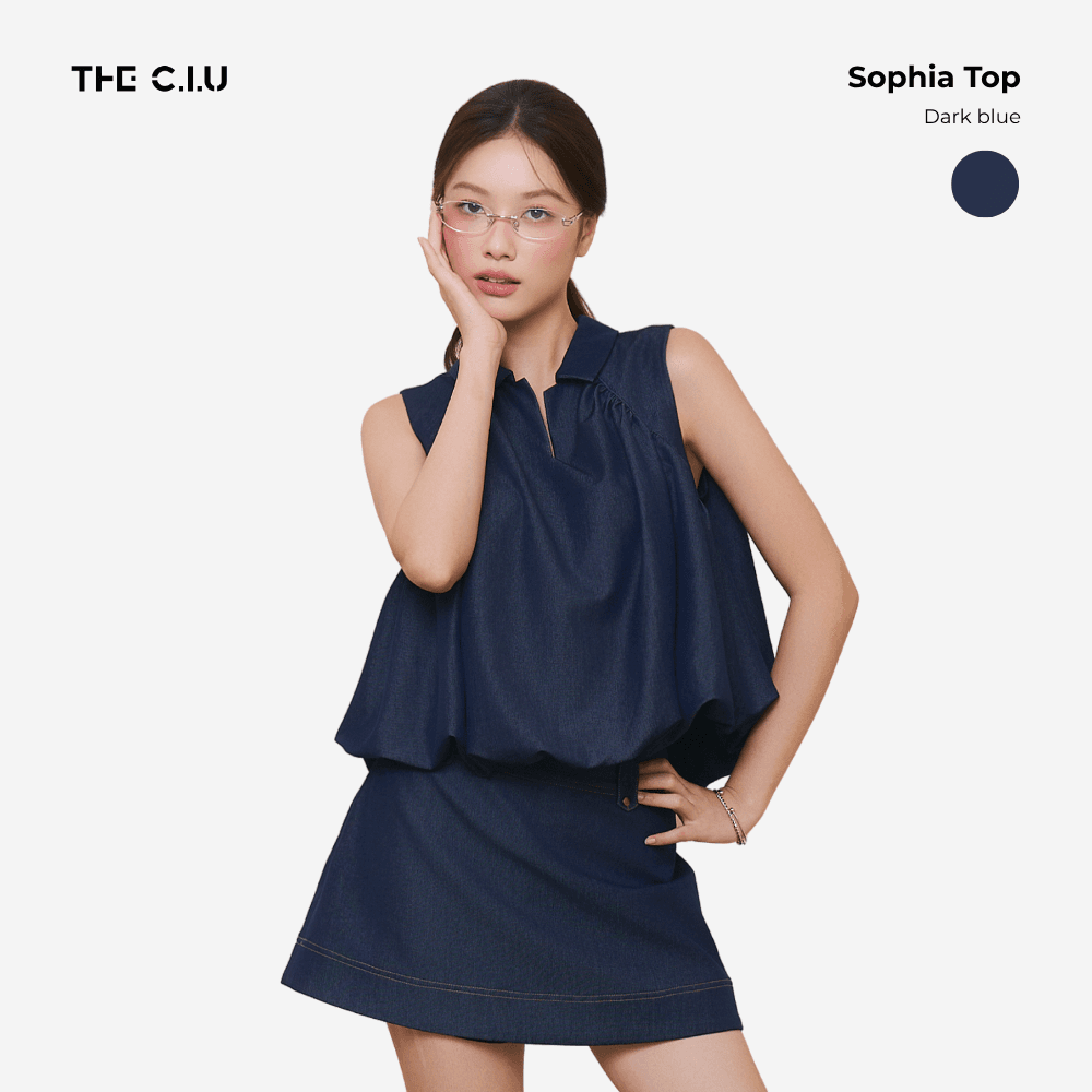Áo kiểu denim lụa cổ V xếp ly Sophia Top - C17